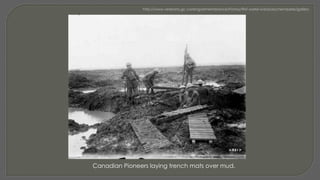 Canadian Pioneers laying trench mats over mud.
 