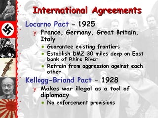 International Agreements
Locarno Pact – 1925
  y France, Germany, Great Britain,
    Italy
       Guarantee existing frontiers
       Establish DMZ 30 miles deep on East
        bank of Rhine River
       Refrain from aggression against each
        other
Kellogg-Briand Pact – 1928
  y Makes war illegal as a tool of
    diplomacy
       No enforcement provisions
 