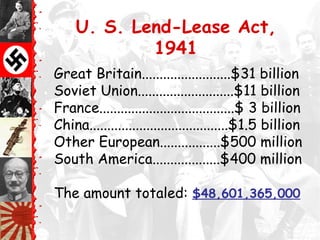 Great Britain.........................$31 billion
Soviet Union...........................$11 billion
France......................................$ 3 billion
China.......................................$1.5 billion
Other European.................$500 million
South America...................$400 million
The amount totaled: $48,601,365,000
U. S. Lend-Lease Act,
1941
 