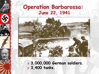 Operation Barbarossa:
June 22, 1941
y 3,000,000 German soldiers.3,000,000 German soldiers.
y 3,400 tanks.3,400 tanks.
 
