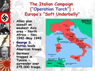 The Italian Campaign
[“Operation Torch”] :
Europe’s “Soft Underbelly”
y Allies planAllies plan
assault onassault on
weakest Axisweakest Axis
area - Northarea - North
Africa - Nov.Africa - Nov.
1942-May 19431942-May 1943
y George S.George S.
PattonPatton leadsleads
American troopsAmerican troops
y GermansGermans
trapped intrapped in
Tunisia -Tunisia -
surrender oversurrender over
275,000 troops.275,000 troops.
 
