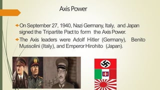 AxisPower
OnSeptember 27, 1940, Nazi Germany,Italy, and Japan
signed the Tripartite Pactto form the AxisPower.
The Axis leaders were Adolf Hitler (Germany), Benito
Mussolini (Italy), and EmperorHirohito (Japan).
 