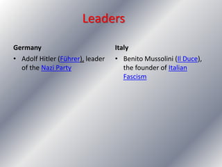 Germany Italy
• Adolf Hitler (Führer), leader
of the Nazi Party
• Benito Mussolini (Il Duce),
the founder of Italian
Fascism
Leaders
 