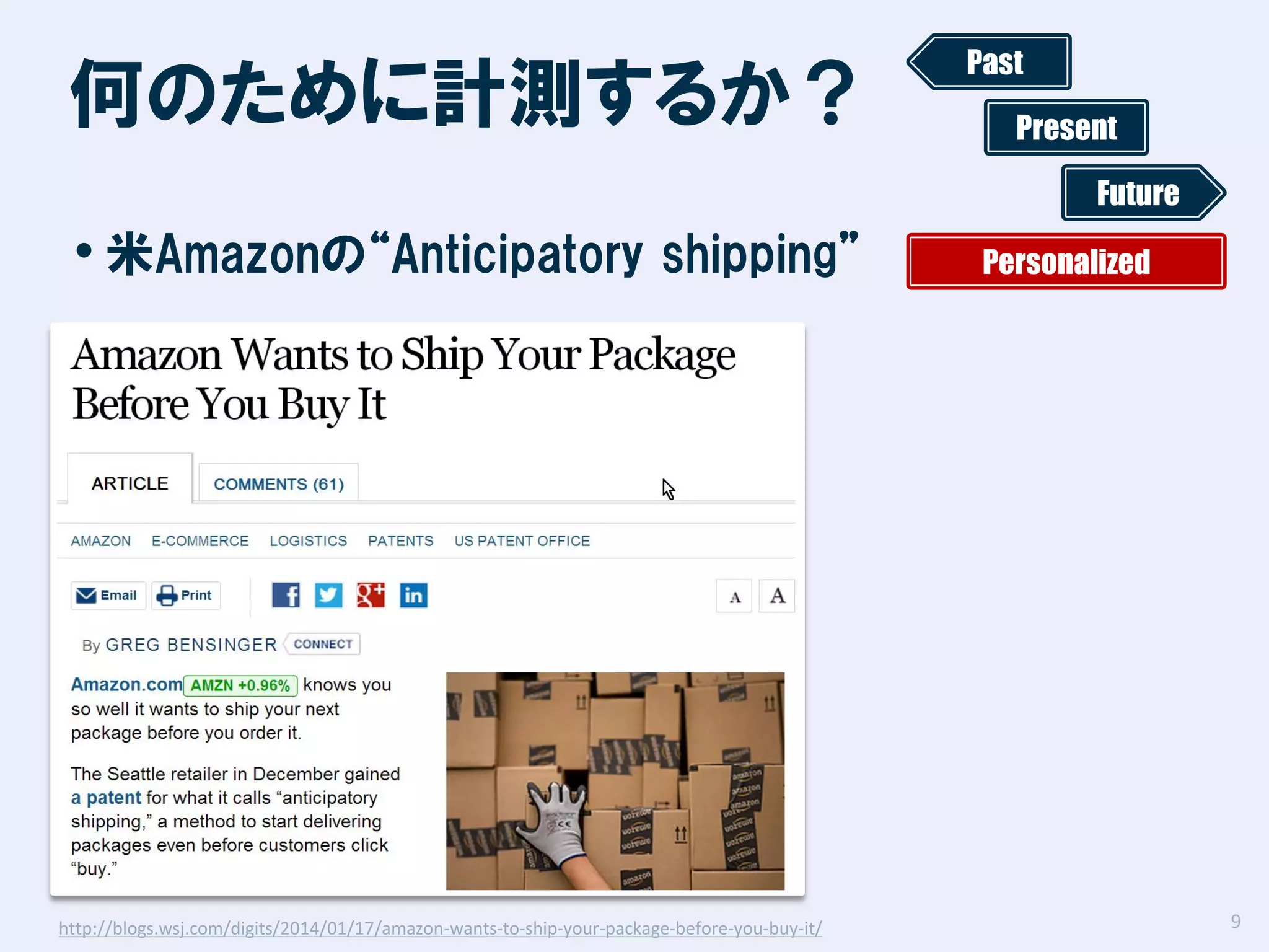 何のために計測するか？

Past
Present
Future

• 米Amazonの“Anticipatory shipping”

http://blogs.wsj.com/digits/2014/01/17/amazon-wants-to-ship-your-package-before-you-buy-it/

Personalized

9

 