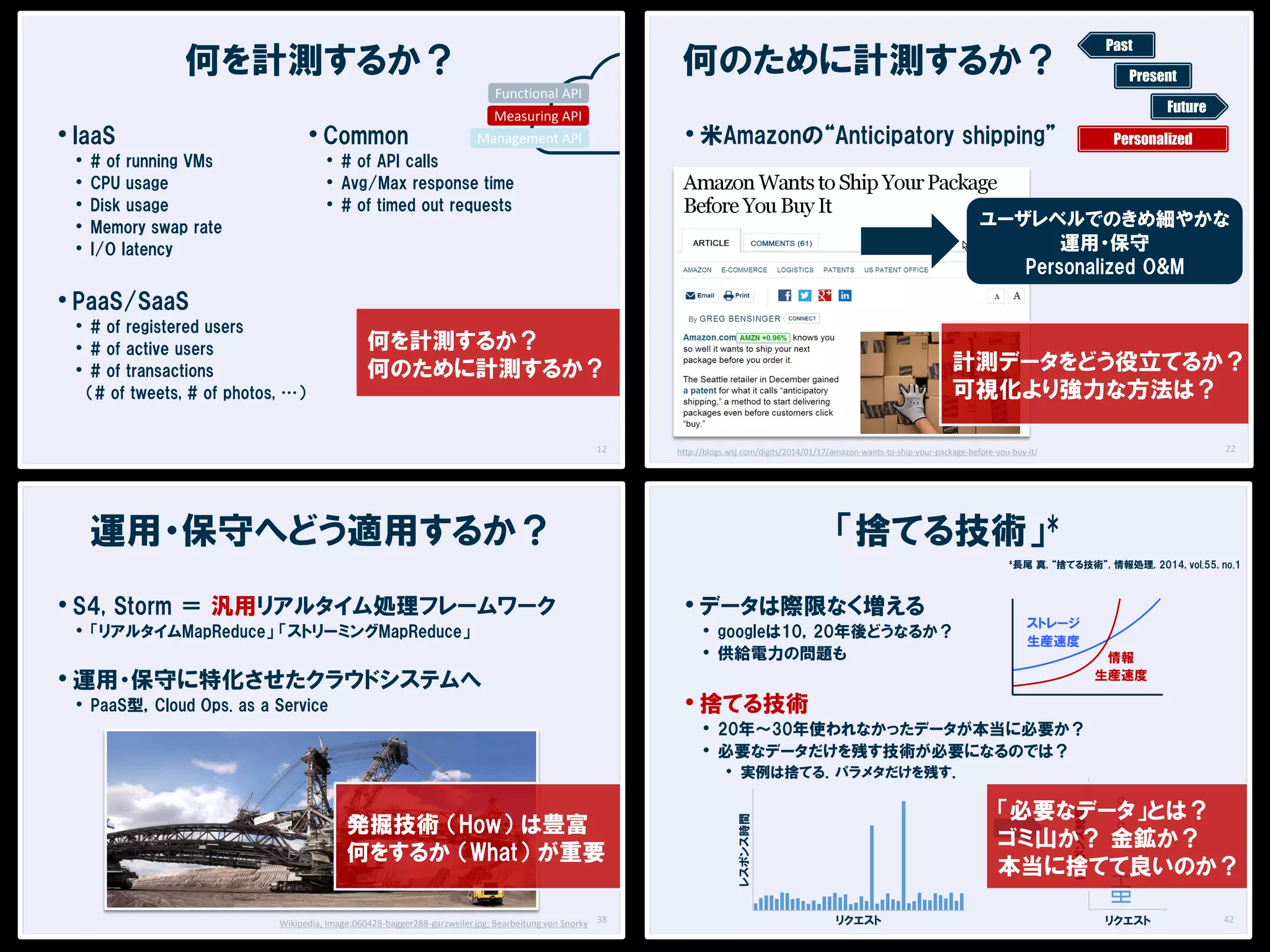 何を計測するか？

Past

何のために計測するか？

Present

Functional API

• IaaS
•
•
•
•
•

• Common

Future

Measuring API

• 米Amazonの“Anticipatory shipping”

Management API

• # of API calls
• Avg/Max response time
• # of timed out requests

# of running VMs
CPU usage
Disk usage
Memory swap rate
I/O latency

Personalized

ユーザレベルでのきめ細やかな
運用・保守
Personalized O&M

• PaaS/SaaS

• # of registered users
• # of active users
• # of transactions

何を計測するか？
何のために計測するか？

計測データをどう役立てるか？
可視化より強力な方法は？

（# of tweets, # of photos, …）

12

「捨てる技術」*

運用・保守へどう適用するか？

*長尾

• S4, Storm ＝ 汎用リアルタイム処理フレームワーク
• 「リアルタイムMapReduce」 「ストリーミングMapReduce」

• 運用・保守に特化させたクラウドシステムへ
• PaaS型，Cloud Ops. as a Service

22

http://blogs.wsj.com/digits/2014/01/17/amazon-wants-to-ship-your-package-before-you-buy-it/

• データは際限なく増える

• googleは10，20年後どうなるか？
• 供給電力の問題も

真, “捨てる技術”, 情報処理, 2014, vol.55, no.1

ストレージ
生産速度
情報
生産速度

• 捨てる技術

• 20年～30年使われなかったデータが本当に必要か？
• 必要なデータだけを残す技術が必要になるのでは？
• 実例は捨てる．パラメタだけを残す．

Wikipedia, Image:060428-bagger288-garzweiler.jpg; Bearbeitung von Snorky 38

レスポンス時間

「必要なデータ」とは？
ゴミ山か？ 金鉱か？
本当に捨てて良いのか？

レスポンス時間

発掘技術 （How） は豊富
何をするか （What） が重要

リクエスト

リクエスト

42
22

 