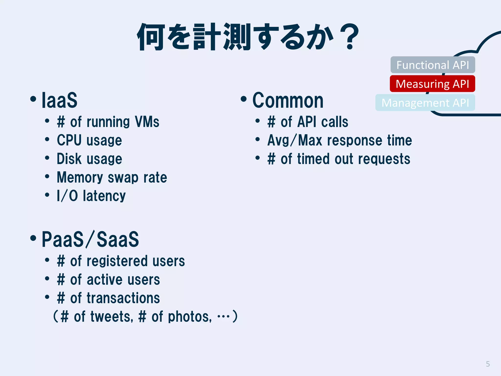 何を計測するか？
Functional API

• IaaS
•
•
•
•
•

# of running VMs
CPU usage
Disk usage
Memory swap rate
I/O latency

• Common

Measuring API
Management API

• # of API calls
• Avg/Max response time
• # of timed out requests

• PaaS/SaaS

• # of registered users
• # of active users
• # of transactions
（# of tweets, # of photos, …）

5

 