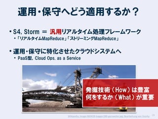 運用・保守へどう適用するか？
• S4, Storm ＝ 汎用リアルタイム処理フレームワーク
• 「リアルタイムMapReduce」 「ストリーミングMapReduce」

• 運用・保守に特化させたクラウドシステムへ
• PaaS型，Cloud Ops. as a Service

発掘技術 （How） は豊富
何をするか （What） が重要
Wikipedia, Image:060428-bagger288-garzweiler.jpg; Bearbeitung von Snorky 19

 