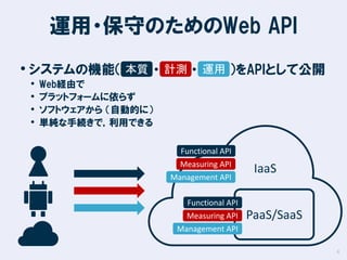 運用・保守のためのWeb API
• システムの機能（ 本質 ・ 計測 ・ 運用 ）をAPIとして公開
•
•
•
•

Web経由で
プラットフォームに依らず
ソフトウェアから （自動的に）
単純な手続きで，利用できる
Functional API
Measuring API
Management API

IaaS

Functional API
Measuring API

PaaS/SaaS

Management API
4

 