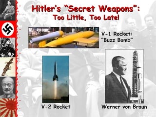 Hitler‘s ―Secret Weapons‖:
     Too Little, Too Late!

                    V-1 Rocket:
                    ―Buzz Bomb‖




  V-2 Rocket        Werner von Braun
 