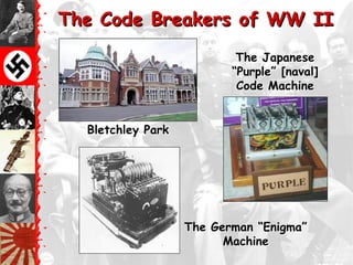 The Code Breakers of WW II
                           The Japanese
                          ―Purple‖ [naval]
                           Code Machine


  Bletchley Park




                   The German ―Enigma‖
                         Machine
 