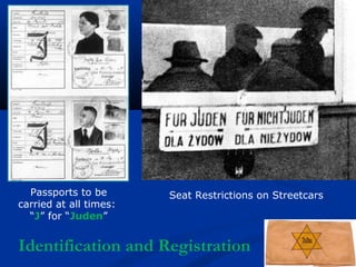 Passports to be       Seat Restrictions on Streetcars
carried at all times:
  “J” for “Juden”


Identification and Registration
 