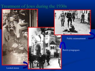 Treatment of Jews during the 1930s




                                  Public mistreatment




                               Burnt synagogues




  Looted stores
 