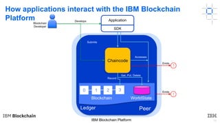 16IBM Blockchain Platform
How applications interact with the IBM Blockchain
Platform
Blockchain
Developer
Develops
Chaincode
Submits
0 1 2 3
Ledger
Blockchain WorldState
Get, Put, Delete
Record
SDK
Application
!
Emits
Emits
!
Peer
Accesses
 