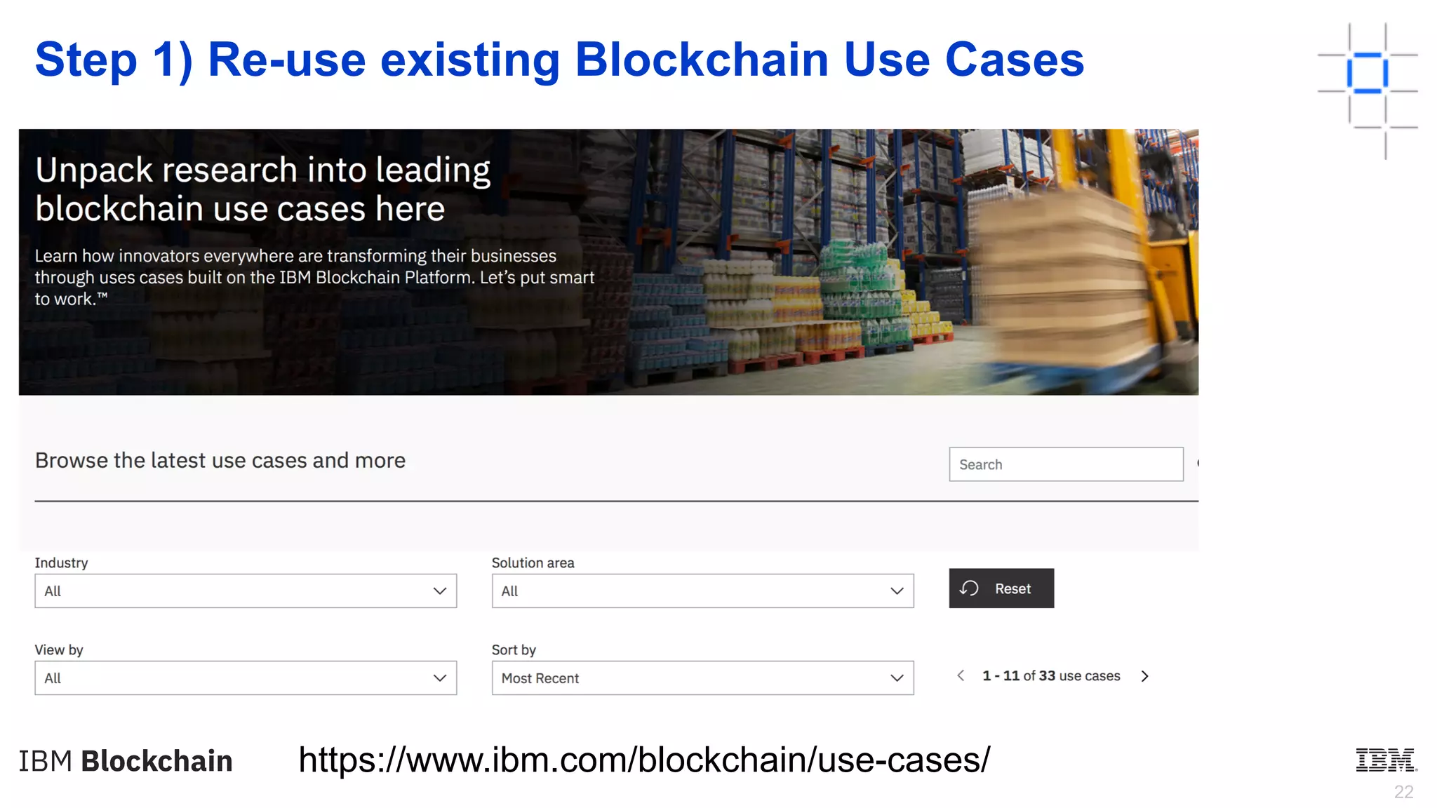 22
Step 1) Re-use existing Blockchain Use Cases
•
https://www.ibm.com/blockchain/use-cases/
 