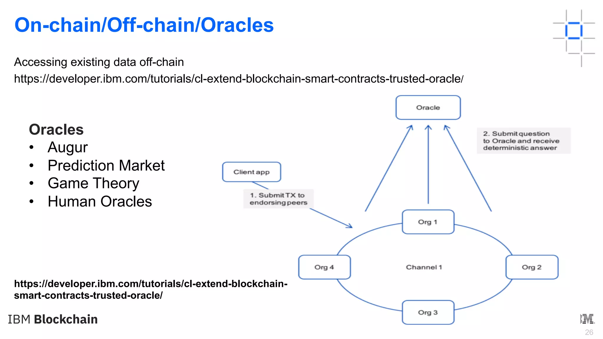 26
On-chain/Off-chain/Oracles
Accessing existing data off-chain
https://developer.ibm.com/tutorials/cl-extend-blockchain-smart-contracts-trusted-oracle/
https://developer.ibm.com/tutorials/cl-extend-blockchain-
smart-contracts-trusted-oracle/
Oracles
• Augur
• Prediction Market
• Game Theory
• Human Oracles
 