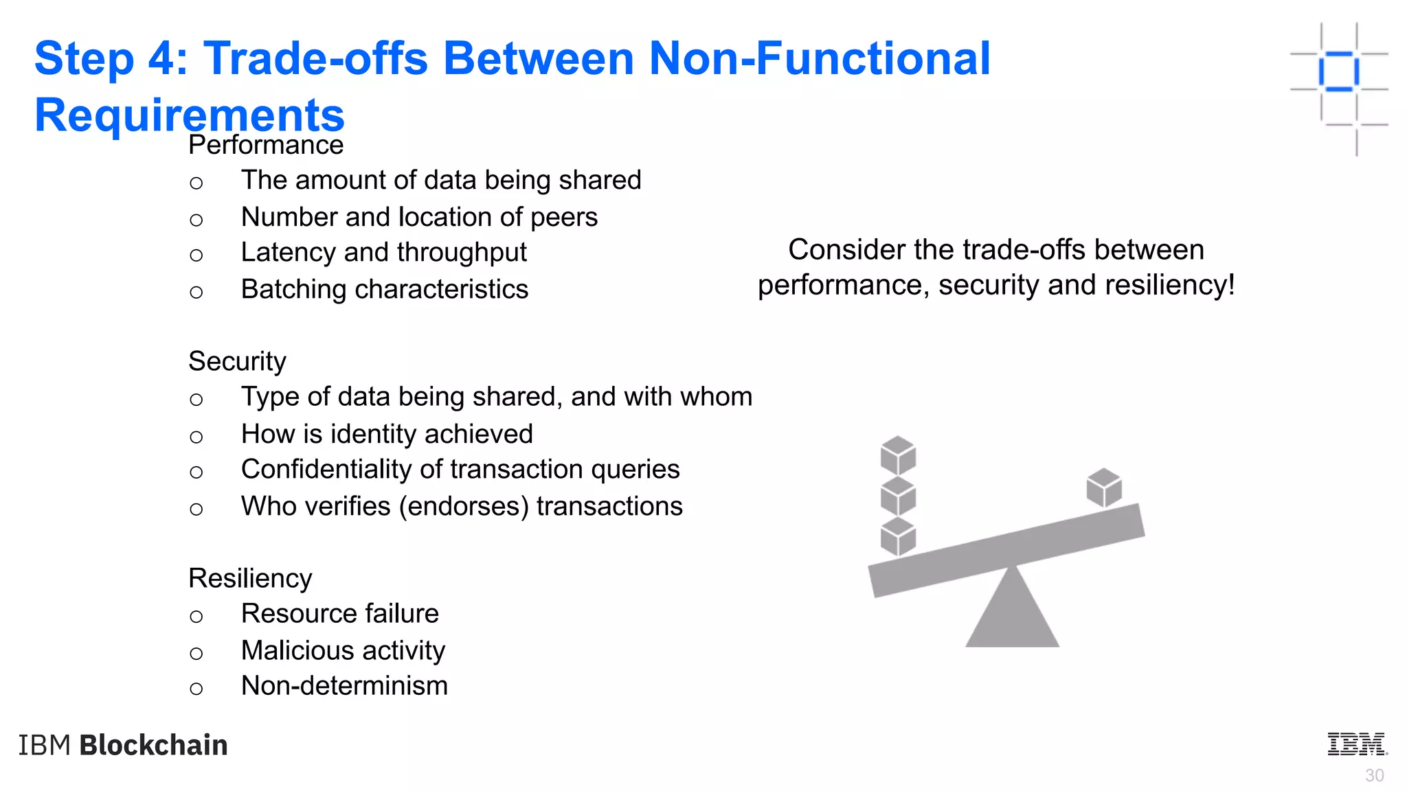 30
Step 4: Trade-offs Between Non-Functional
Requirements
Consider the trade-offs between
performance, security and resiliency!
Performance
o The amount of data being shared
o Number and location of peers
o Latency and throughput
o Batching characteristics
Security
o Type of data being shared, and with whom
o How is identity achieved
o Confidentiality of transaction queries
o Who verifies (endorses) transactions
Resiliency
o Resource failure
o Malicious activity
o Non-determinism
 