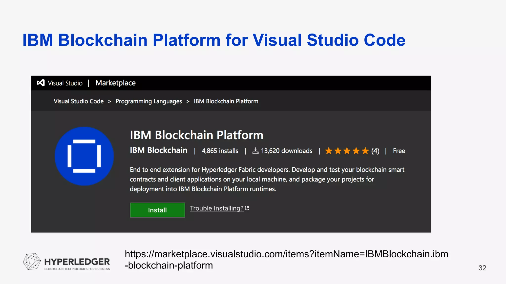 IBM Blockchain Platform for Visual Studio Code
32
https://marketplace.visualstudio.com/items?itemName=IBMBlockchain.ibm
-blockchain-platform
 