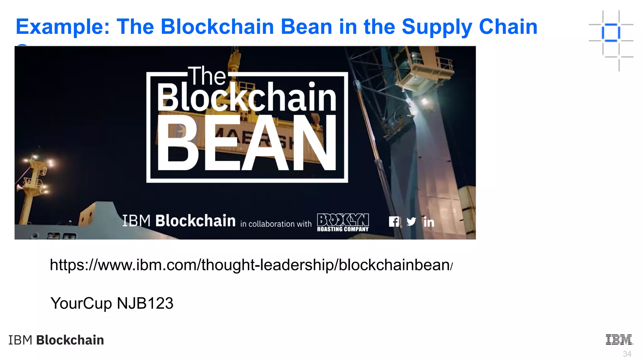 34
Example: The Blockchain Bean in the Supply Chain
Space
https://www.ibm.com/thought-leadership/blockchainbean/
YourCup NJB123
 