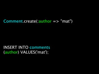 Comment.create(:author => "mat")




INSERT INTO comments
(author) VALUES('mat');
 