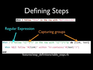 Deﬁning Steps
          When I follow "Show" in the row with "Ballshevicks"



 Regular Expression
                             Capturing groups

When /^I follow "([^"]*)" in the row with "([^"]*)"$/ do |link, text|

  When %Q|I follow "#{link}" within "tr:contains('#{text}')"|

end
               features/step_deﬁnitions/table_steps.rb
 