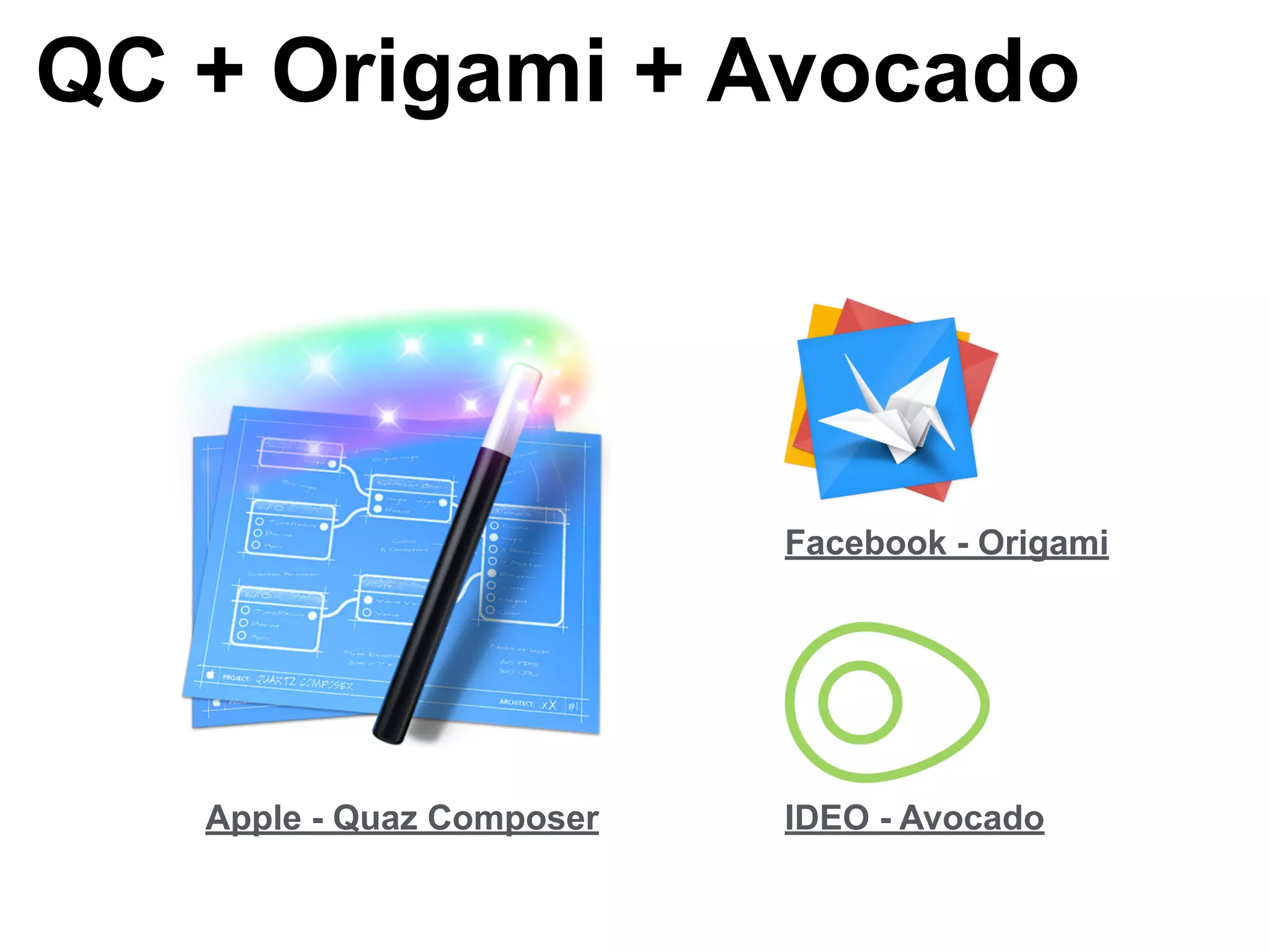 QC + Origami + Avocado 
Facebook - Origami 
Apple - Quaz Composer IDEO - Avocado 
 