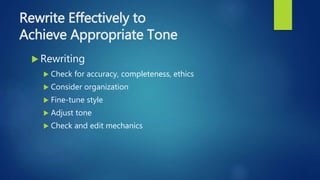 Rewrite Effectively to
Achieve Appropriate Tone
 Rewriting
 Check for accuracy, completeness, ethics
 Consider organization
 Fine-tune style
 Adjust tone
 Check and edit mechanics
 
