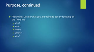 Purpose, continued
 Prewriting: Decide what you are trying to say by focusing on
the “Five W’s”
 Who?
 What?
 When?
 Where?
 Why?
 