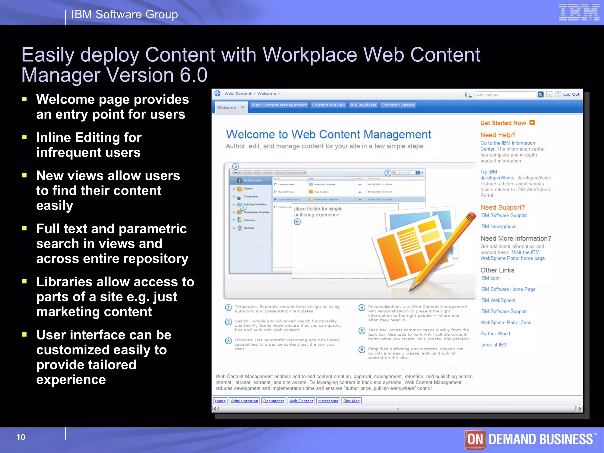Easily deploy Content with Workplace Web Content Manager Version 6.0 Welcome page provides an entry point for users Inline Editing for infrequent users New views allow users to find their content easily Full text and parametric search in views and across entire repository Libraries allow access to parts of a site e.g. just marketing content User interface can be customized easily to provide tailored experience 