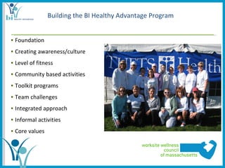 Building the BI Healthy Advantage Program


▪ Foundation
▪ Creating awareness/culture
▪ Level of fitness
▪ Community based activities
▪ Toolkit programs
▪ Team challenges
▪ Integrated approach
▪ Informal activities
▪ Core values
 