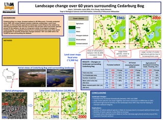 Landscape change over 60 years surrounding Cedarburg BogJason J. Schroeder, Jason Mills, Erica Young, James ReinartzDept of Biological Sciences and Field Station, University of Wisconsin-Milwaukee 1941 BACKGROUND Cedarburg Bog is a large, forested wetland in SE Wisconsin. Formally protected since 1952, this unique wetland remains relatively undisturbed. Land cover changes on this primarily agricultural landscape could influence the wetland by altering groundwater flow and the corridors that provide native and exotic species access to the wetland. As part of a long-term study of ecological changes in Cedarburg Bog, we analyzed historical and contemporary land cover from aerial photographs to quantify landscape changes between 1941 and 2000 within the 10,000 ha area surrounding the wetland. 2000 Cover classes Agriculture Forest Water Emergent wetland Shrub wetland Forested wetland Areas of reforestation between 1941 & 2000 = increase in forest cover Larger forest patches, closer to one another Larger number of smaller agricultural patches due to increasing forest cover Land cover maps focal area  (~2,500 ha) RESULTS – Changes on landscape surrounding  Cedarburg Bog Aerial views of Cedarburg Bog and surrounding landscape Saukville, Wisconsin Land cover classification (10,000 ha) Aerial photographs METHODS CONCLUSIONS Landscape changes : ,[object Object]