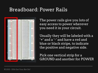 © 2015 - 2016 Get Your Bot On!
Breadboard: Power Rails
The power rails give you lots of
easy access to power wherever
you need it in your circuit.
Usually they will be labeled with a
‘+’ and a ‘-’ and have a red and
blue or black stripe, to indicate
the positive and negative side.
Pick one vertical strip for a
GROUND and another for POWER
 