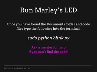 © 2015 - 2016 Get Your Bot On!
Run Marley’s LED
Once you have found the Documents folder and code
files type the following into the terminal:
sudo python blink.py
Ask a mentor for help
if you can’t find the code!
 