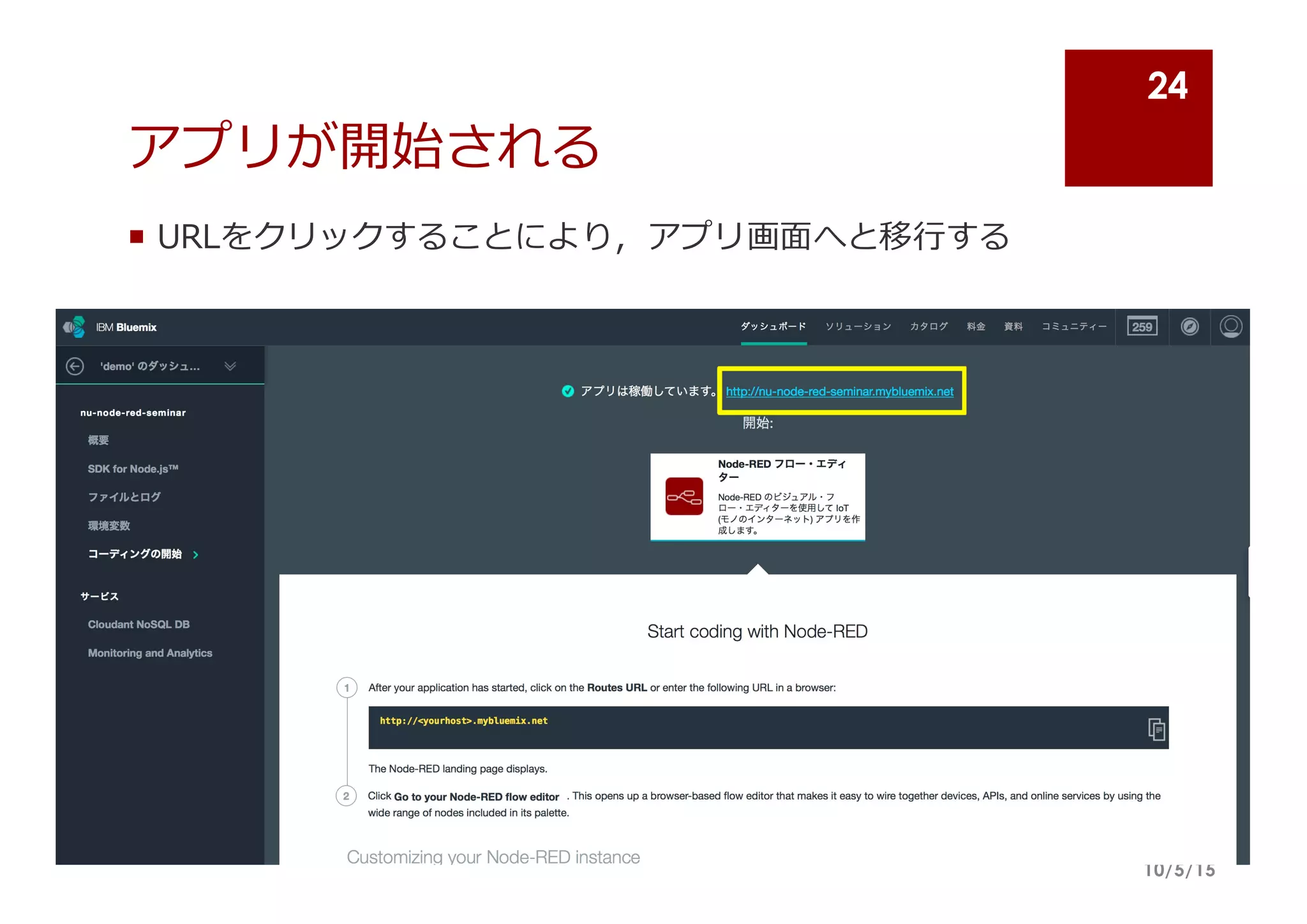 アプリが開始される
10/5/15
24
¡ URLをクリックすることにより，アプリ画⾯面へと移⾏行行する
 