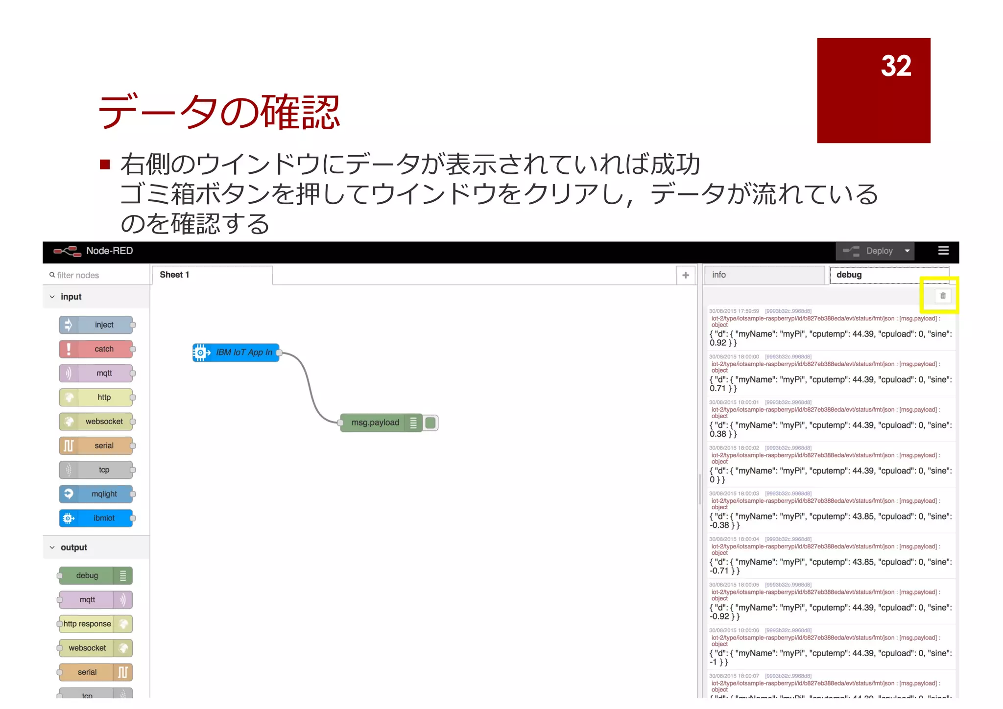 データの確認
¡ 右側のウインドウにデータが表⽰示されていれば成功
ゴミ箱ボタンを押してウインドウをクリアし，データが流流れている
のを確認する
10/5/15
32
 