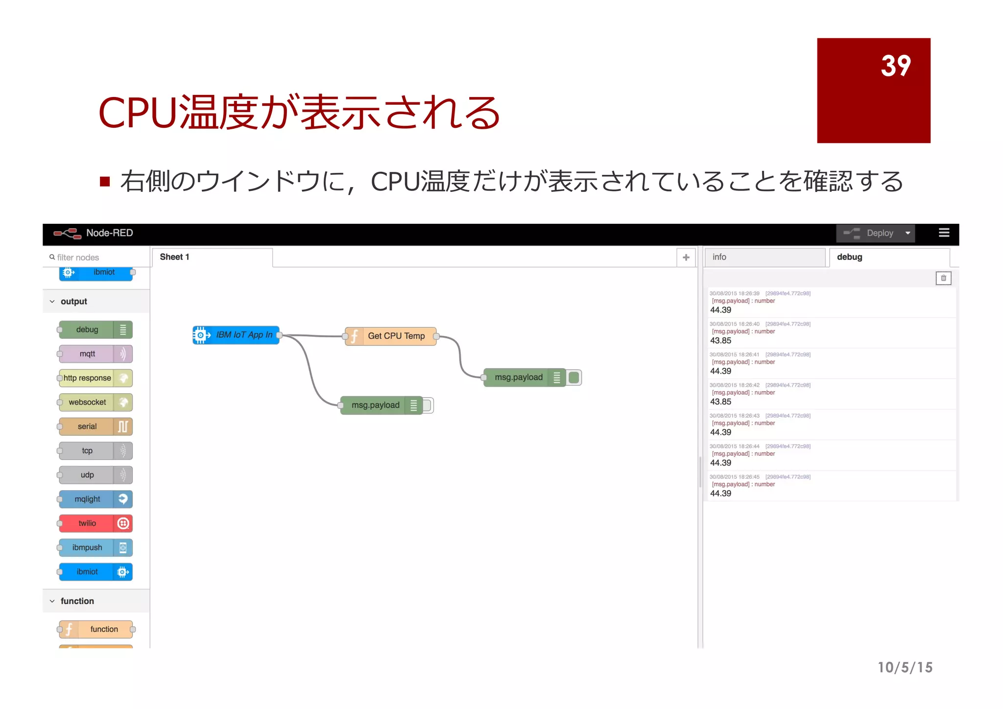 CPU温度度が表⽰示される
¡ 右側のウインドウに，CPU温度度だけが表⽰示されていることを確認する
10/5/15
39
 