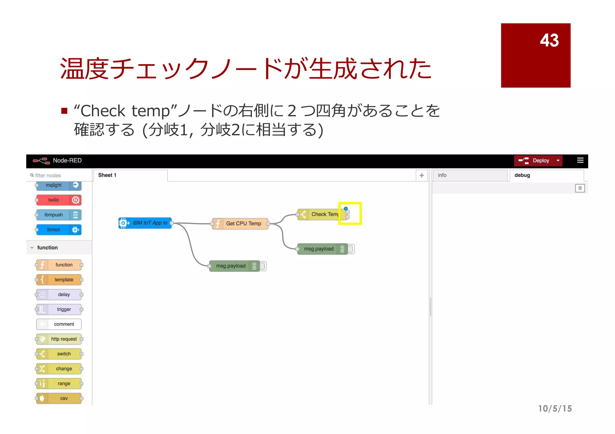 温度度チェックノードが⽣生成された
¡ “Check  temp”ノードの右側に２つ四⾓角があることを
確認する (分岐1,  分岐2に相当する)
10/5/15
43
 