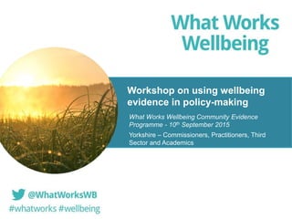 Workshop on using wellbeing
evidence in policy-making
What Works Wellbeing Community Evidence
Programme - 10th September 2015
Yorkshire – Commissioners, Practitioners, Third
Sector and Academics
 
