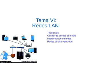 Tema VI: Redes LAN 
Topologías 
Control de acceso al medio 
Interconexión de redes 
Redes de alta velocidad  