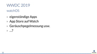 › eigenständige Apps
› App Store auf Watch
› Geräuschpegelmessung usw.
› …?
WWDC 2019
watchOS
12
 