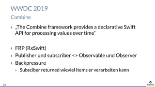› „The Combine framework provides a declarative Swift
API for processing values over time“
› FRP (RxSwift)
› Publisher und subscriber <> Observable und Observer
› Backpressure
› Subsciber returned wieviel Items er verarbeiten kann
WWDC 2019
Combine
26
 