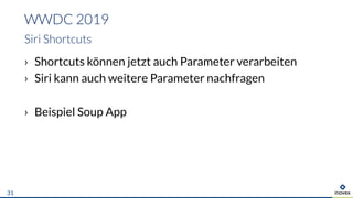 › Shortcuts können jetzt auch Parameter verarbeiten
› Siri kann auch weitere Parameter nachfragen
› Beispiel Soup App
WWDC 2019
Siri Shortcuts
31
 