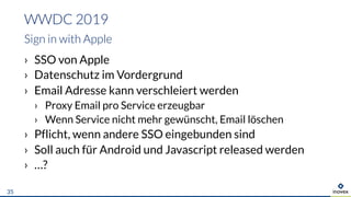 › SSO von Apple
› Datenschutz im Vordergrund
› Email Adresse kann verschleiert werden
› Proxy Email pro Service erzeugbar
› Wenn Service nicht mehr gewünscht, Email löschen
› Pflicht, wenn andere SSO eingebunden sind
› Soll auch für Android und Javascript released werden
› …?
WWDC 2019
Sign in with Apple
35
 