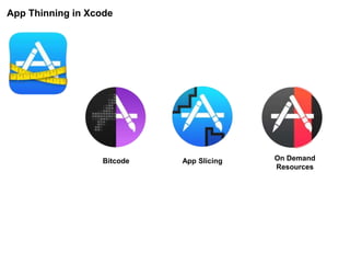 App Thinning in Xcode
Bitcode App Slicing On Demand
Resources
 