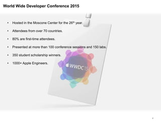 World Wide Developer Conference 2015
2
• Hosted in the Moscone Center for the 26th year.
• Attendees from over 70 countries.
• 80% are first-time attendees.
• Presented at more than 100 conference sessions and 150 labs.
• 350 student scholarship winners.
• 1000+ Apple Engineers.
 