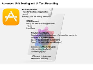 Advanced Unit Testing and UI Test Recording
XCUIApplication
Proxy for the tested application
Launch
Starting point for finding elements
XCUIElement
Proxy for elements in application
Types
Identifiers
XCUIElementQuery
Queries resolve to collections of accessible elements
Number of matches:count
Specify by identifier: subscripting
Specify by index:elementAtIndex()
descendantsMatchingType()
childrenMatchingType()
containingType()
Element Uniqueness
Element Hierachy
 