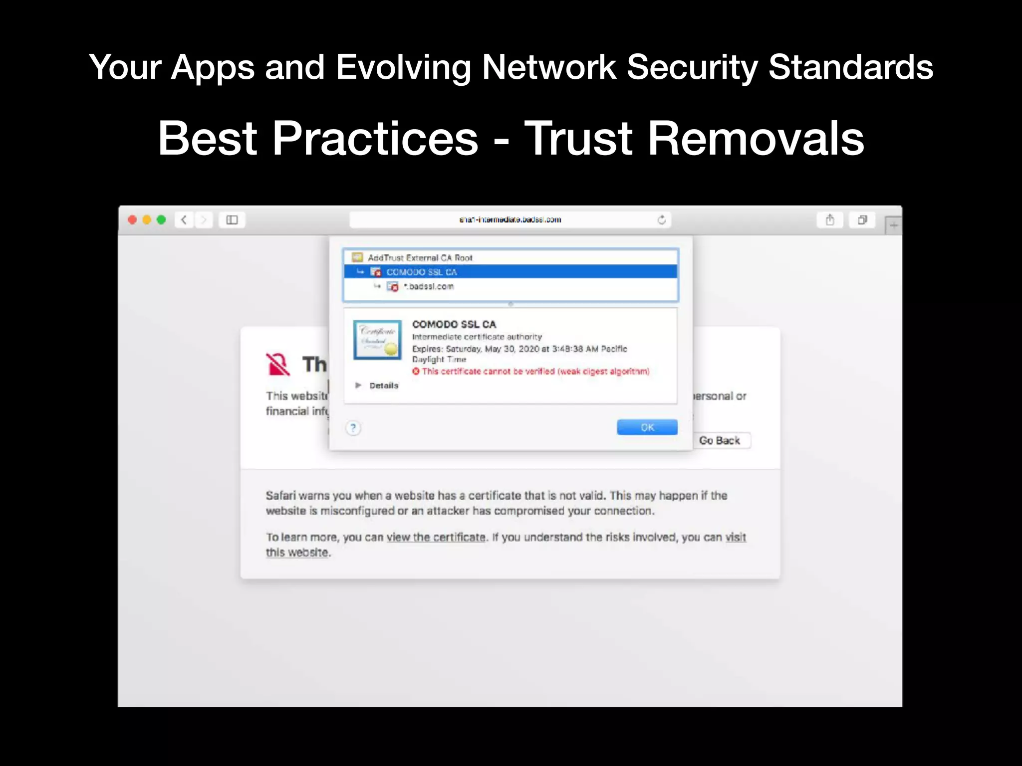 Your Apps and Evolving Network Security Standards
Best Practices - Trust Removals
 