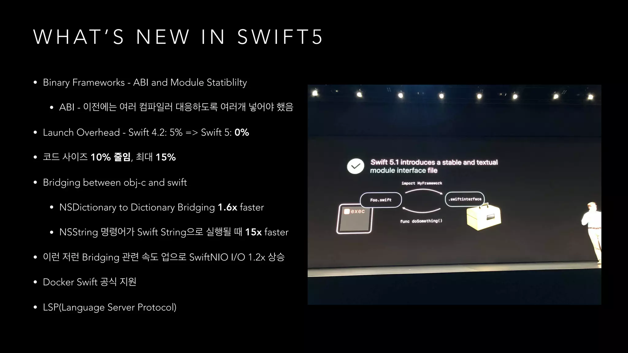 W H AT ’ S N E W I N S W I F T 5
• Binary Frameworks - ABI and Module Statiblilty
• ABI -
• Launch Overhead - Swift 4.2: 5% => Swift 5: 0%
• 10% , 15%
• Bridging between obj-c and swift
• NSDictionary to Dictionary Bridging 1.6x faster
• NSString Swift String 15x faster
• Bridging SwiftNIO I/O 1.2x
• Docker Swift
• LSP(Language Server Protocol)
 
