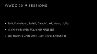 W W D C 2 0 1 9 S E S S I O N S
• Swift, Foundation, SwiftUI, Data, ML, AR, Vision, UI, Etc
• 17 ,
• n m
 
