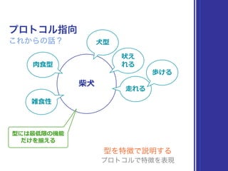 プロトコル指向
これからの話？
柴⽝犬
型には最低限の機能  
だけを揃える
⾁肉⾷食型
⾛走れる
歩ける
雑⾷食性
型を特徴で説明する
プロトコルで特徴を表現
吠え
れる
⽝犬型
 