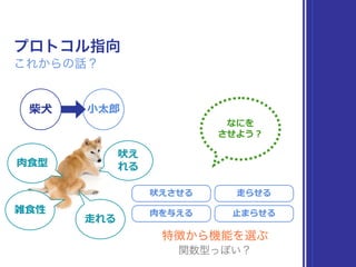 プロトコル指向
これからの話？
吠えさせる ⾛走らせる
⽌止まらせる⾁肉を与える
特徴から機能を選ぶ
関数型っぽい？
⼩小太郎郎柴⽝犬
⾁肉⾷食型
⾛走れる
吠え
れる
雑⾷食性
なにを 
させよう？
 